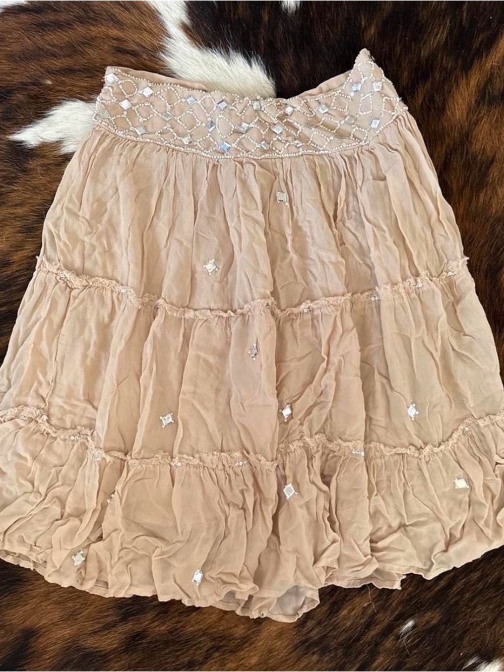 Beaded Tiered Tan Boho Skirt